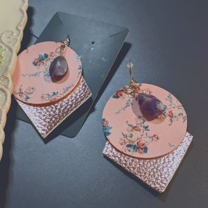 Faux Leather Pierced Earrings/Faceted Purple Ston